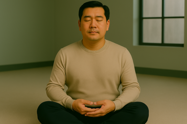 조용한 방에서 명상 자세로 앉은 남성
