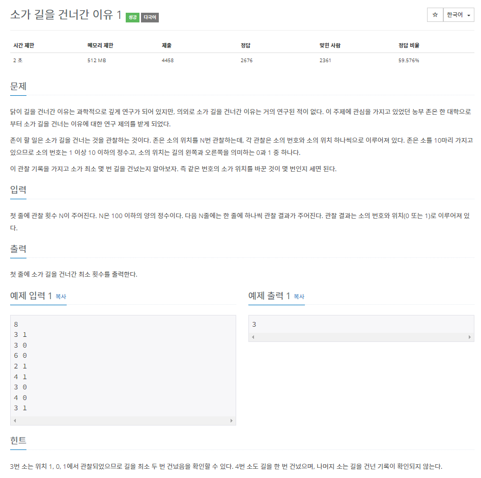 백준 BOJ 14467번 소가 길을 건너간 이유 1 문제 사진