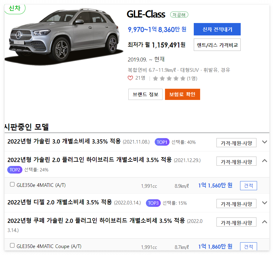 벤츠 GLE 하이브리드 가격표