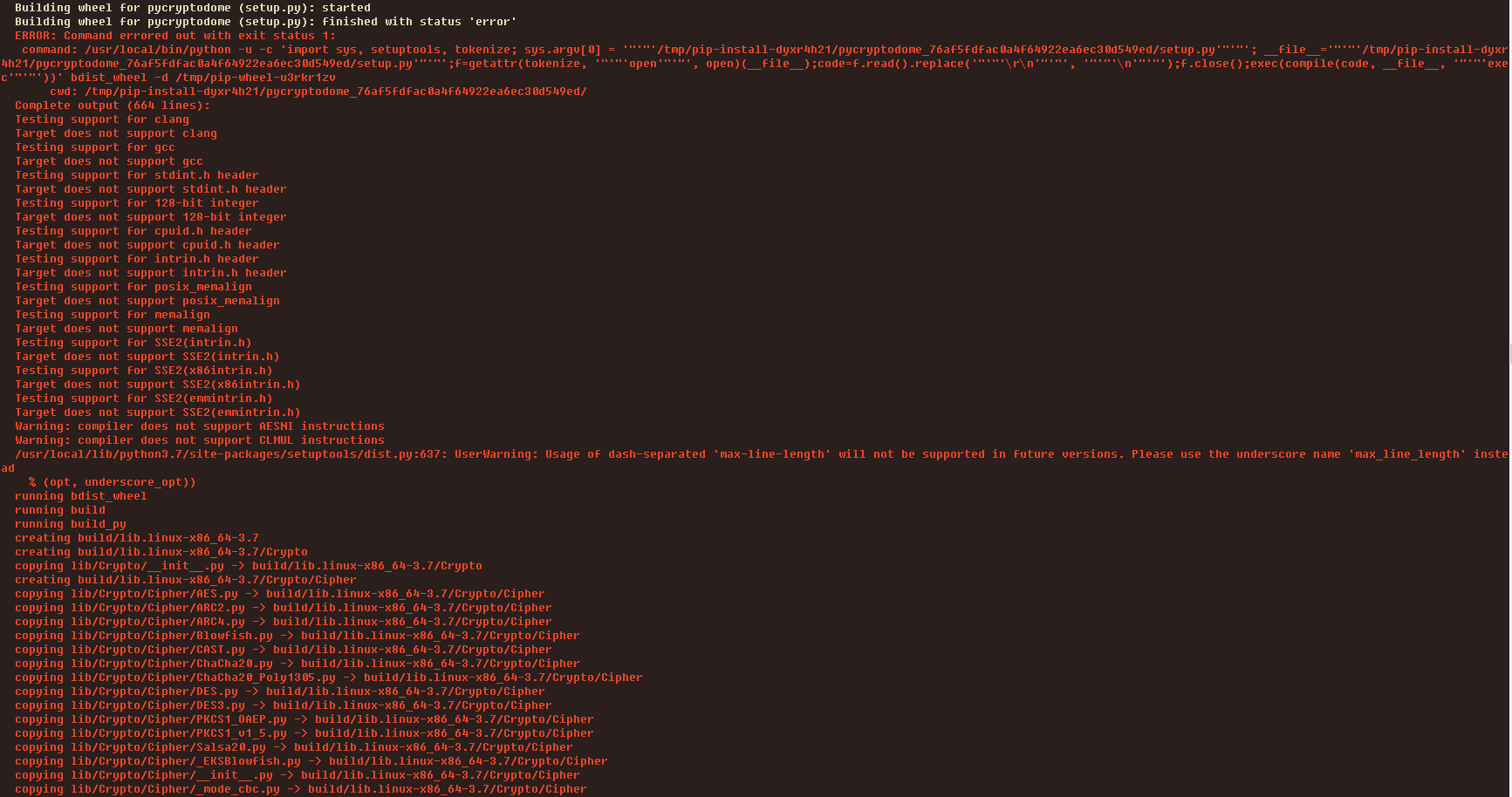 Python 3 7 10 alpine failed building wheel for pycryptodome error