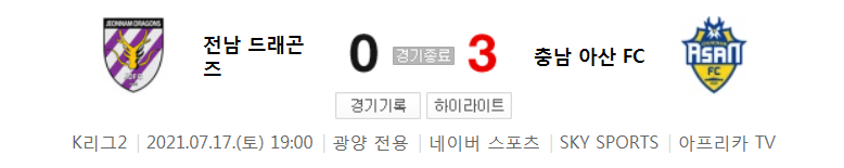  K리그2 / 국내축구 - 전남 VS 충남 아산 (0 - 3) 2021시즌 21라운드 하이라이트 (2021년 7월 17일)