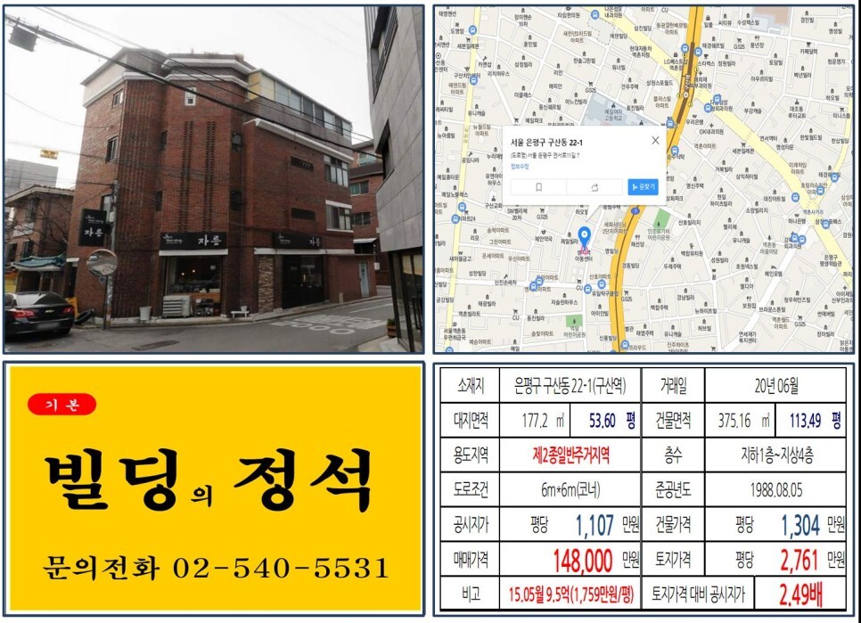  [은평구 역세권 코너 10억 꼬마빌딩 실거래가 조회] 구산동 22-1 (구산역) 14.8억 원, 평당 2,761만 원 매매되었습니다. GTX-A