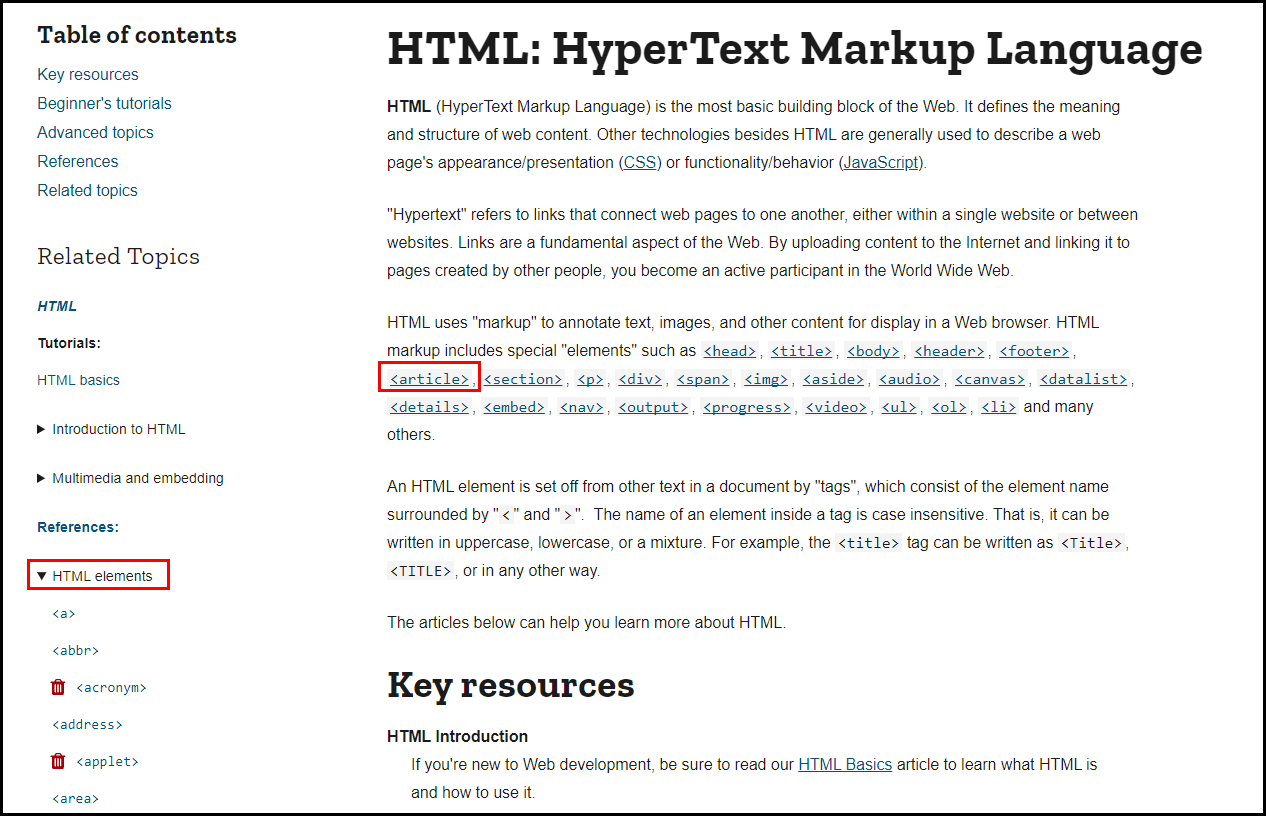 MDN에서 HTML에 대한 설명 페이지