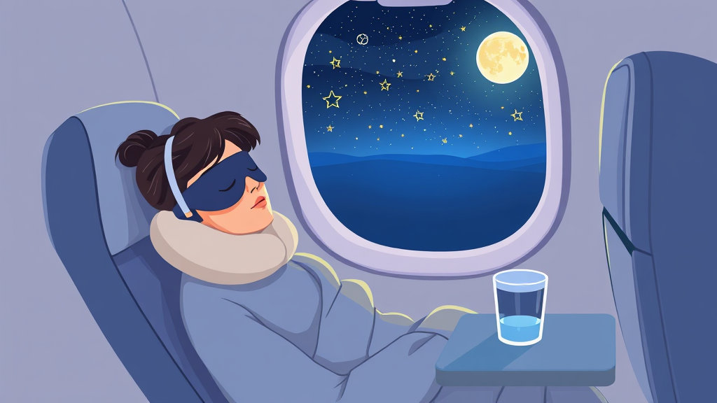An illustration of a traveler sleeping comfortably in an airplane window seat, wearing a neck pillow and eye mask. Stars and the moon in the night sky are visible outside the window. A cozy in-flight blanket is covering them, and a water cup is on the small table. Peaceful atmosphere.