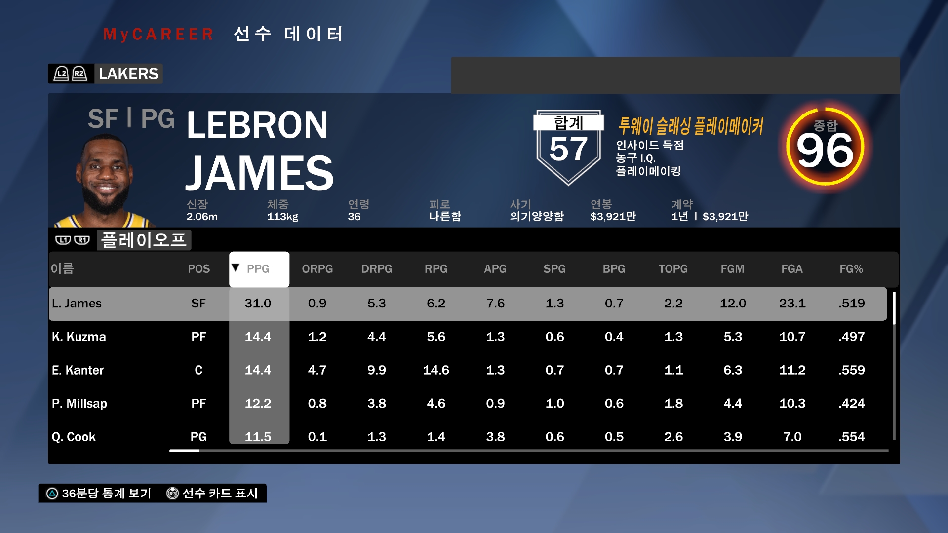 NBA 2K20 LA레이커스 팀기록