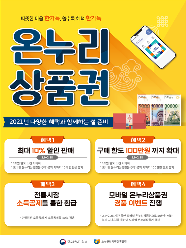  중소벤처기업부-설 맞이 온누리상품권 2월 한달간 10% 할인 특별판매 실시