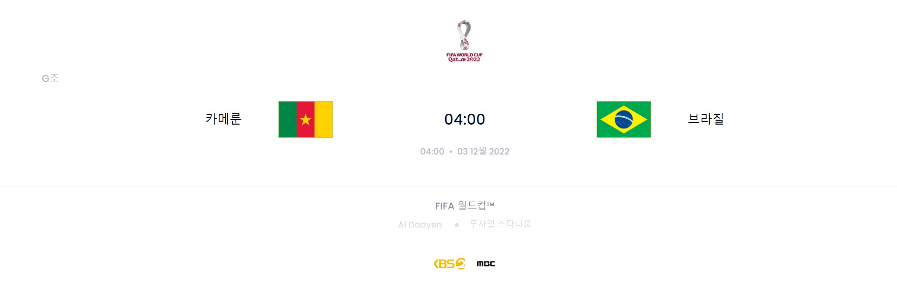 카타르 월드컵 G조 5경기 (카메룬 VS 브라질)