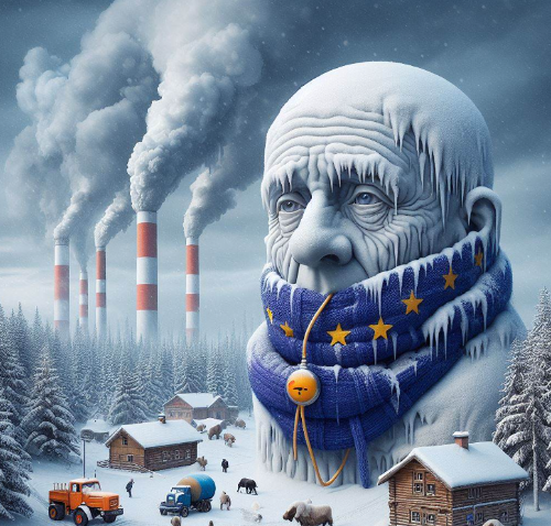 유럽-EU-역대최고치-가스저장재고량-추운-겨울-에너지위기-굴뚝-연기-얼어붙은-노인-조각상-목도리-겨울풍경