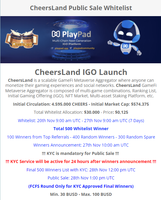  치어스랜드(CheersLand) IDO 화이트리스트