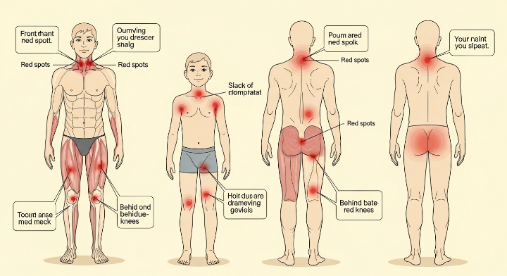 땀띠가 자주 발생하는 신체 부위와 증상을 보여주는 일러스트