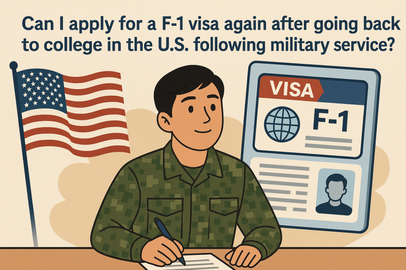 An illustration of a Korean military servicemember preparing F-1 visa documents with the U.S. flag and a visa in the background.