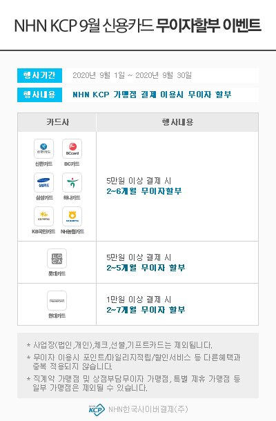 ▲ NHN KCP 09월 신용카드 무이자할부 이벤트