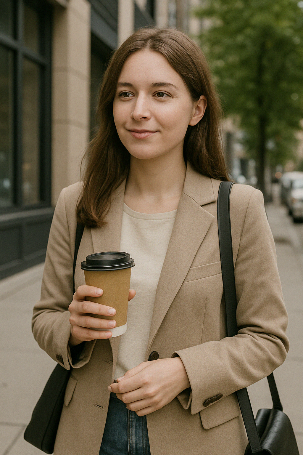 🇺🇸 English: A young woman wearing a brown blazer and holding a coffee cup is walking down the street. She is looking to the side with a smile.
🇯🇵 日本語: 茶色のブレザーを着てコーヒーカップを持っている若い女性が通りを歩いています。彼女は横を見て微笑んでいます。
🇨🇳 中文 (简体): 一位穿着棕色西装外套，拿着咖啡杯的年轻女子走在街上。她面带微笑地看着侧面。
🇩🇪 Deutsch: Eine junge Frau mit einem braunen Blazer und einem Kaffeebecher in der Hand geht die Straße entlang. Sie schaut lächelnd zur Seite.
🇫🇷 Français: Une jeune femme portant un blazer marron et tenant une tasse de café marche dans la rue. Elle regarde sur le côté avec un sourire.
🇪🇸 Español: Una joven con un blazer marrón y una taza de café en la mano camina por la calle. Ella está mirando hacia un lado con una sonrisa.