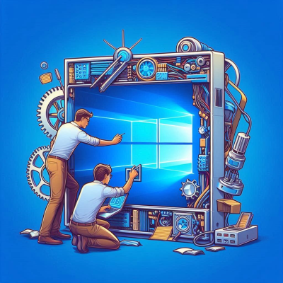 두 명의 기술자가 큰 윈도우 화면을 정비하고 있는 일러스트