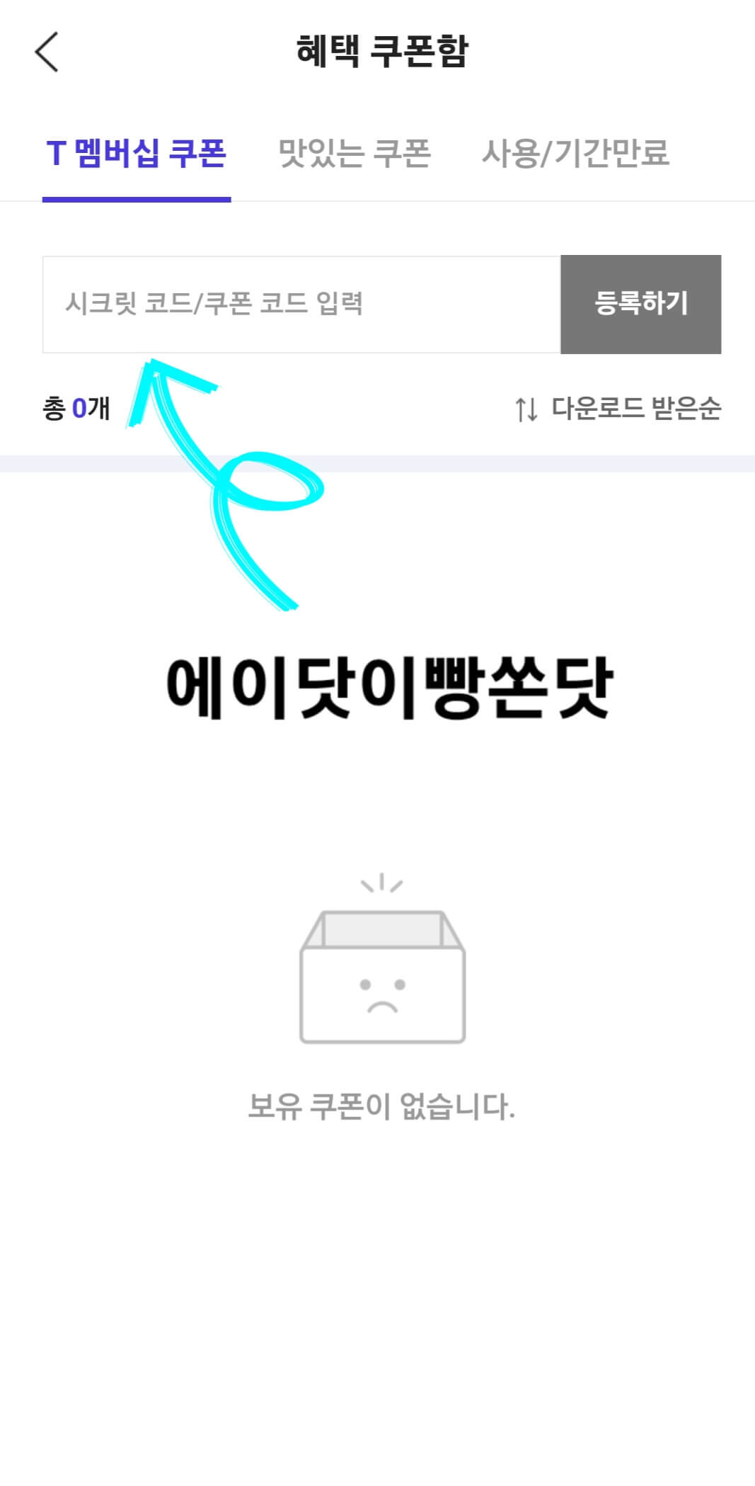 시크릿 코드 란에 '에이닷이빵쏜닷' 입력하기