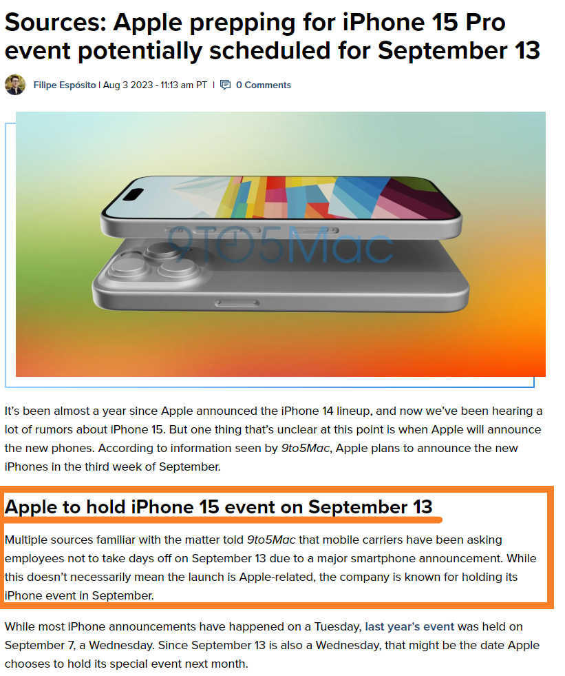 아이폰15 출시일 관련기사(9to5 Mac)