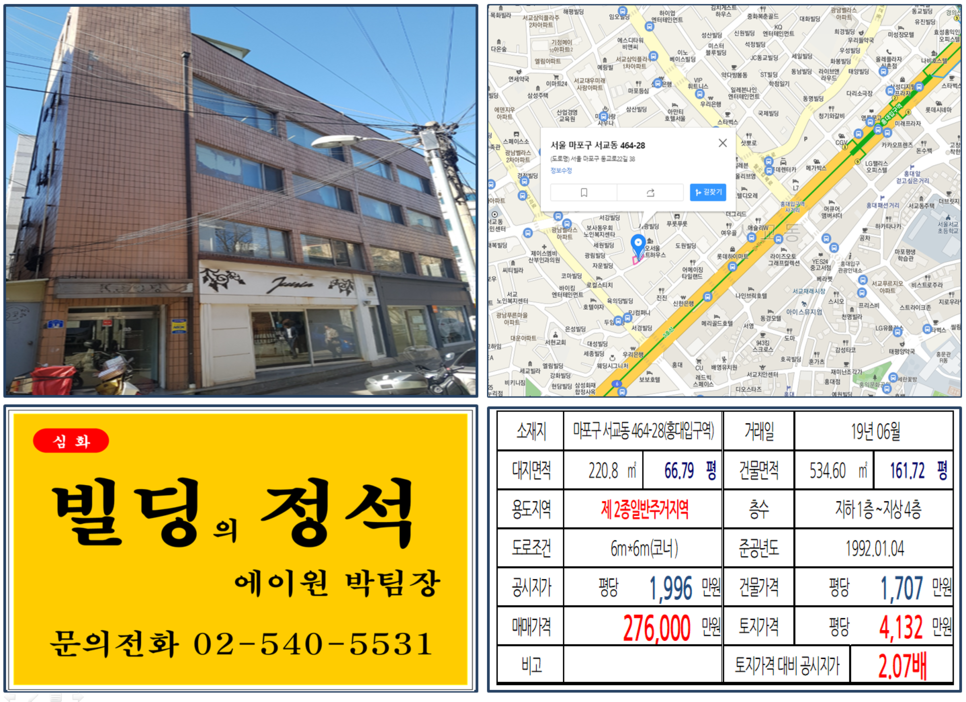  [마포구 꼬마빌딩 실거래가 조회] 서교동 464-28 (홍대입구역) 27.6억 원, 평당 4,132만 원, 홍대입구역 코너 꼬마빌딩