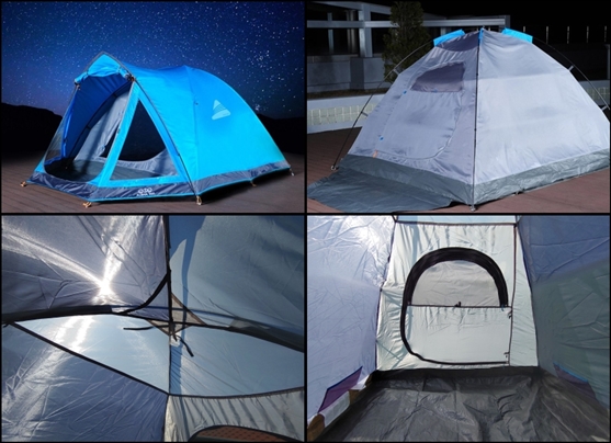 텐트의-외부는-파란색이고-내부는-회색이다-사각형-돔형식의-텐트