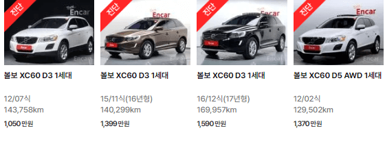 볼보 XC60 (09년 ~ 17년) 중고차 가격
