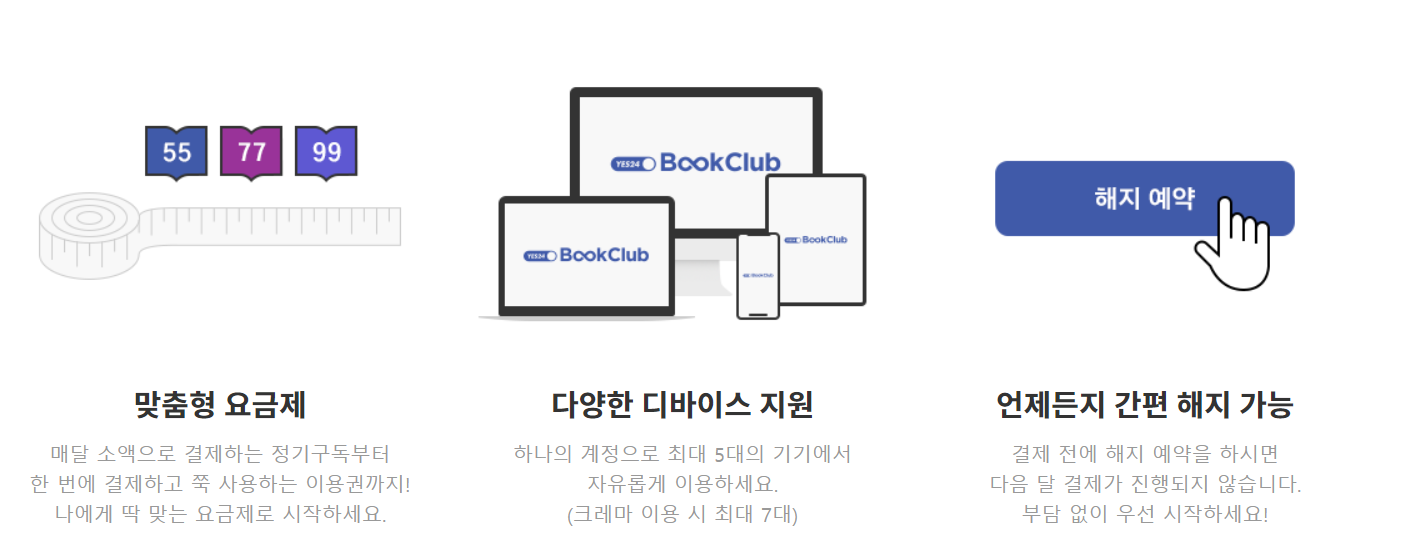 예스 24 크레마클럽 도서대여서비스 설명 맞춤 요금제&#44; 다양한 디바이스지원&#44; 언제든지 간편 해지 가능