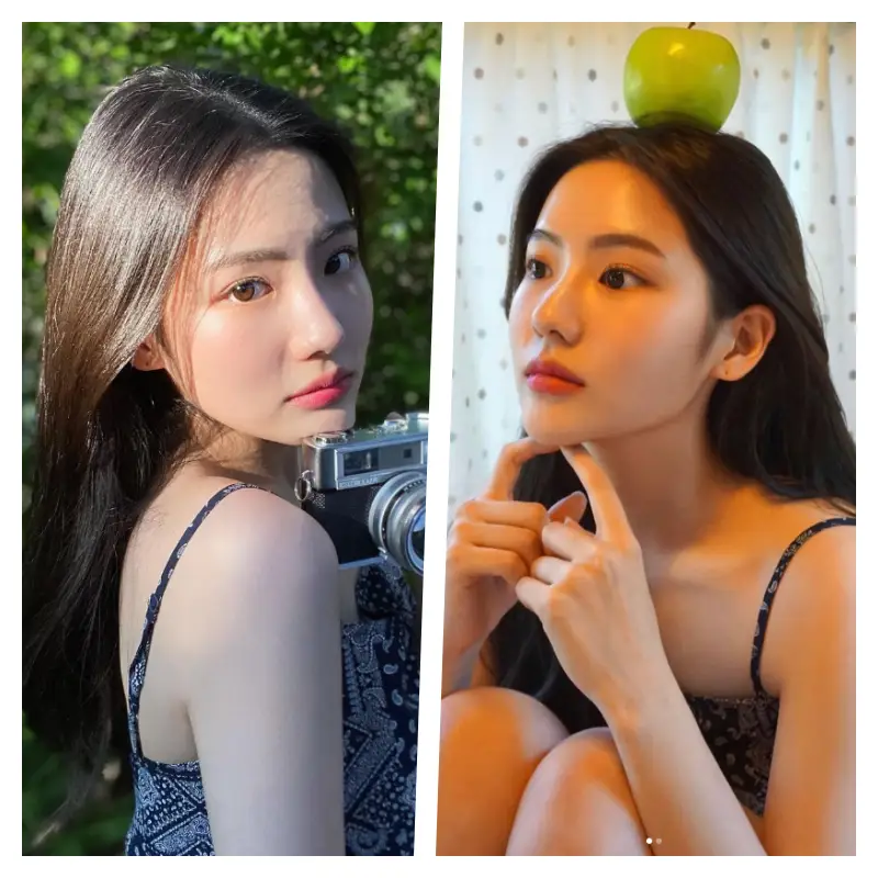 조아람이 인스타에 올린 일상 사진. 나시 원피스를 입고 카메라를 들고 매우 청순한 모습으로 카메라를 응시하고 있다.