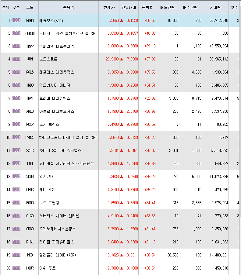  3월2일 미국주식 상승률 상위 종목 TOP 300