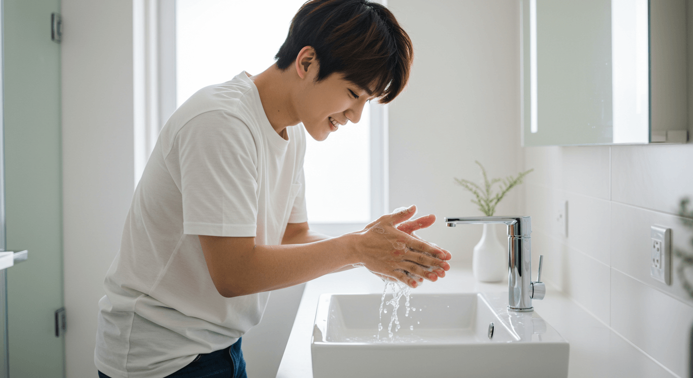 손을 씻어 개인 위생 관리를 철저히 하는 남자