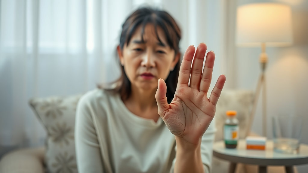 손가락이 부어 아파하는 여성
