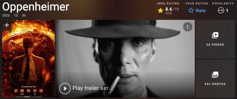남자 주인공이 중절모에 담배를 입에 물로 있는 영화 오펜하이머 표지