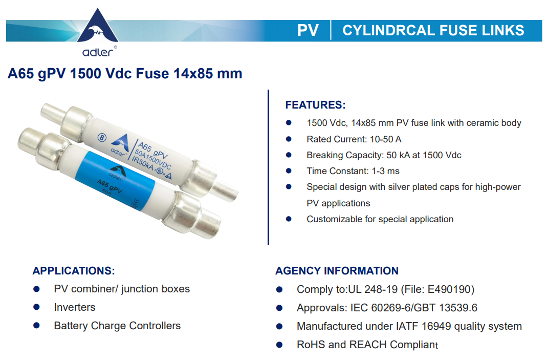  [유성테크] ADLER 태양광 퓨즈 gPV 퓨즈 1500VDC 퓨즈홀더 단가 납기 품질 PV Fuse ADLER FUSE