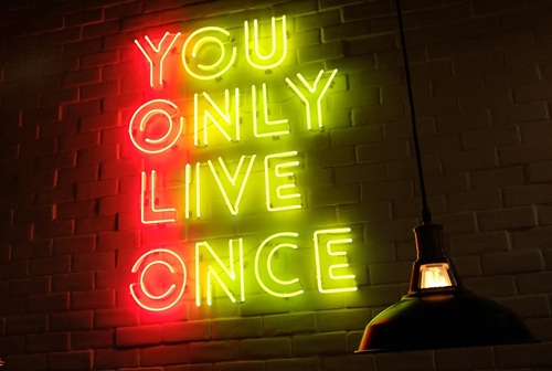 You Only Live Once 가 벽면에 라인등으로 정렬되어 있는 사진