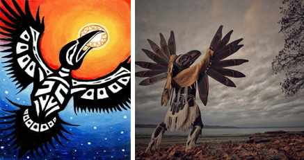 아메리카 원주민 문화에서 빛의 창조자이자 변신할 수 있는 존재로 여겨지는 까마귀의 그림