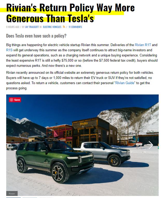  미국 EV 전기차 스타트업 기업 리비안 RIVIAN 테슬라보다 더 나은 환불 정책
