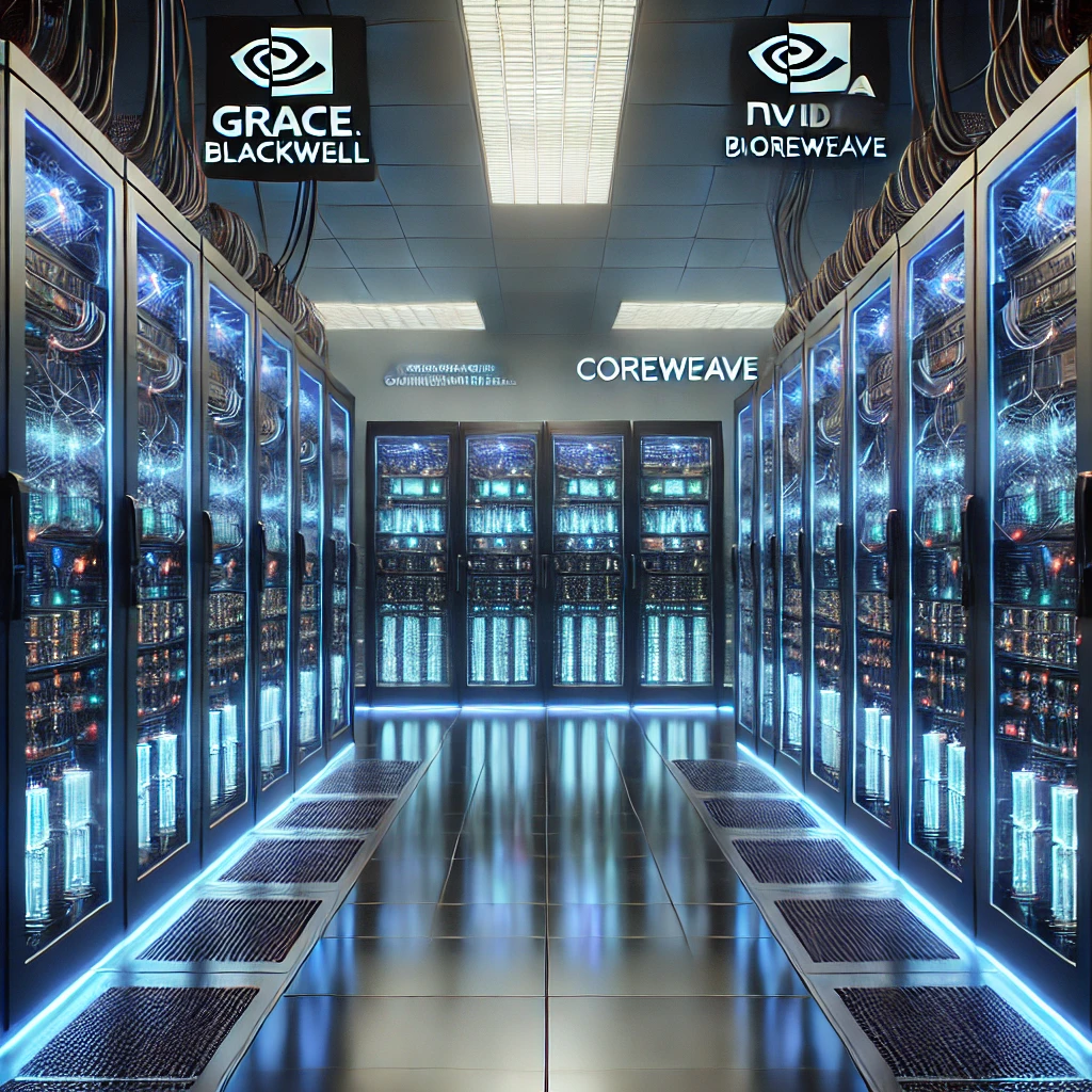 코어위브 클라우드에 대규모로 배치된 엔비디아 그레이스 블랙웰 GPU 서버룸, AI 모델 훈련 및 추론을 위한 첨단 인프라