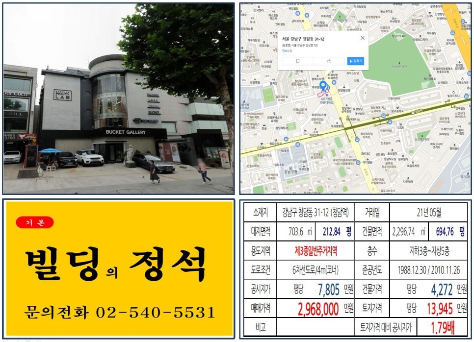  [강남구 200억 역세권 빌딩 실거래가 조회] 청담동 31-12 (청담역) 296억 8,000만 원, 평당 1억 3,945만 원 매매되었습니다. 박준뷰티랩, 래미안라클래시아파트