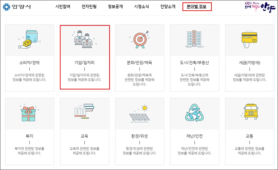 안양시청 홈페이지 메인 메뉴