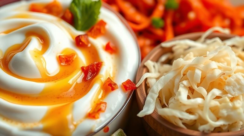 요거트, 김치, 사우어크라우트 등 다양한 프로바이오틱스 풍부 식품 클로즈업