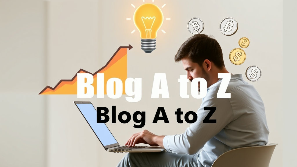 A person creating a blog on a laptop under an idea lightbulb, with a growing graph and coin icons 디자인 around. "Blog A to Z" text overlay.