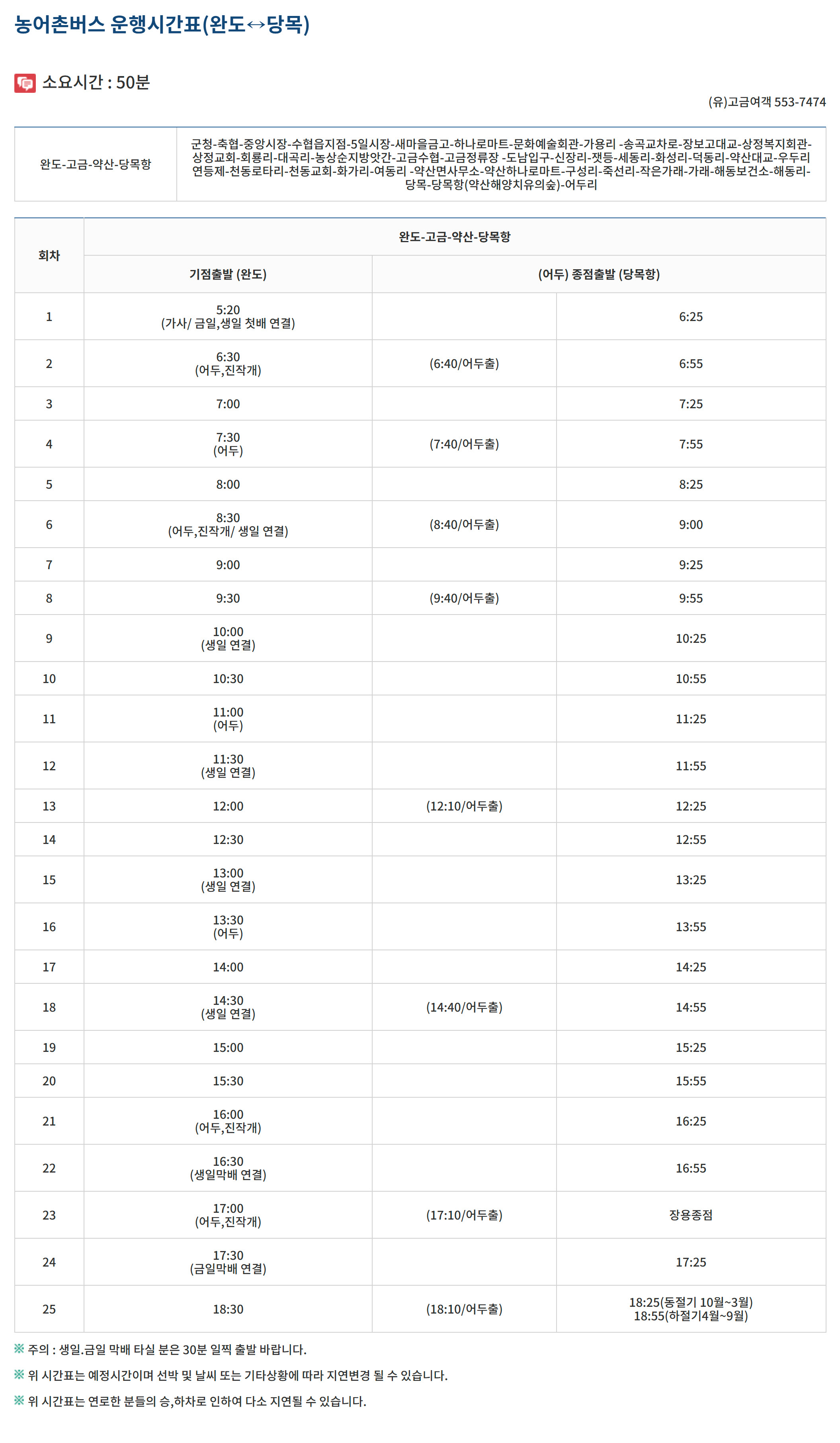완도↔당목 버스 시간표, 요금표, 운행주기 알아볼까요?