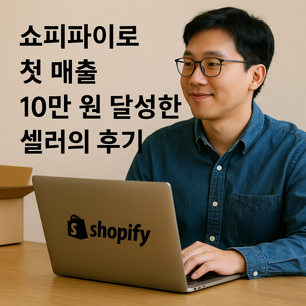 청색 데님 셔츠를 입은 젊은 동아시아계 남성이 책상 앞에 앉아 노트북으로 Shopify를 운영하며 미소 짓고 있는 모습. 노트북 화면에는 'Shopify' 로고가 크게 보이고, 왼쪽에는 열린 택배 박스가 놓여 있음. 화면 상단에는 &quot;쇼피파이로 첫 매출 10만 원 달성한 셀러의 후기&quot;라는 한국어 문구가 크게 적혀 있음.