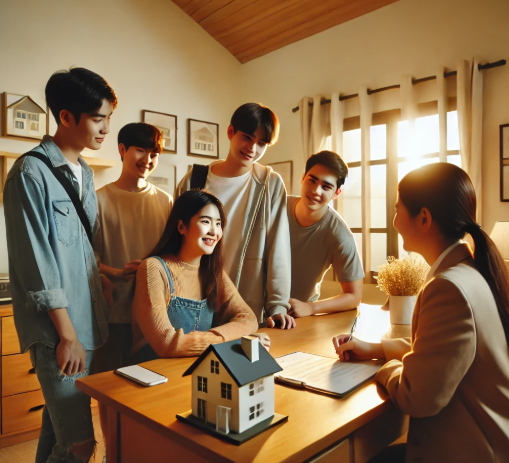 월세를 계약하러 부동산에 방문하는 대학생들