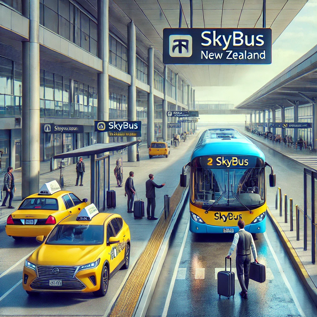공항에서 시내로 이동하는 SkyBus &amp; 택시 장면