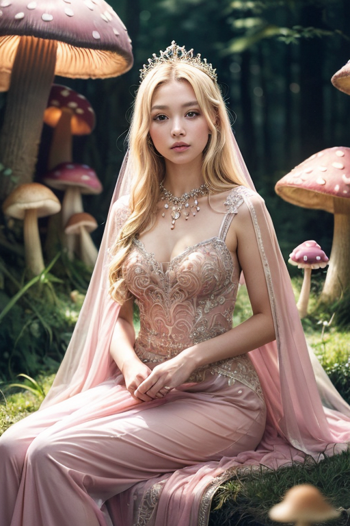 SD - sit on floor&#44; realistic beautiful princess in mushroom land