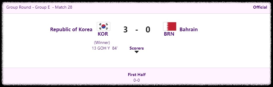 대한민국 vs 바레인 결과 (출처:항저우아시안게임)