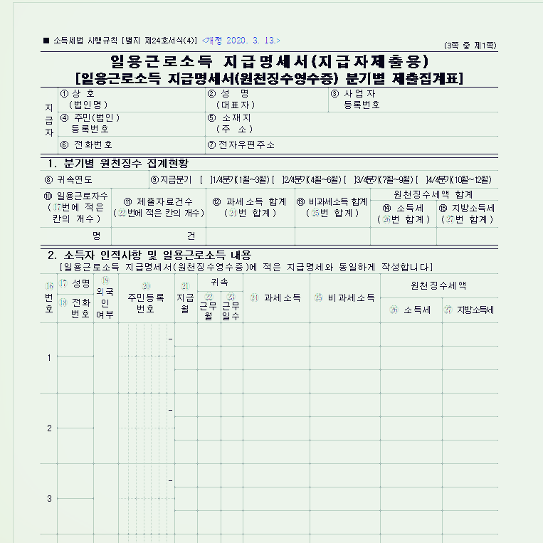  일용 근로소득 지급명세서/원천징수영수증 서식 및 제출기한은?
