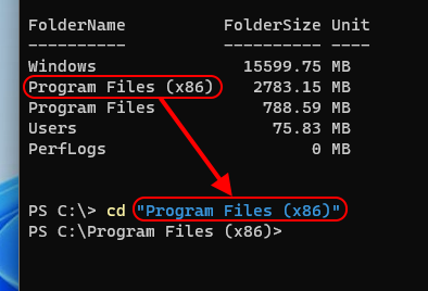 PS C:\&gt; cd &quot;Program Files (x86)&quot;
PS C:\Program Files (x86)&gt;