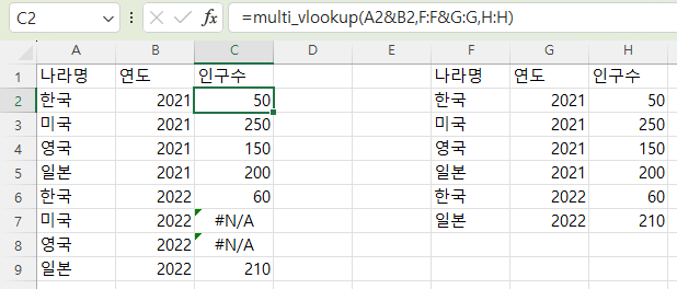 찾을 값을 한 행씩 지정해서 여러 가지 조건을 만족하는 값을 찾아주는 multi_vlookup 사용자 정의 함수