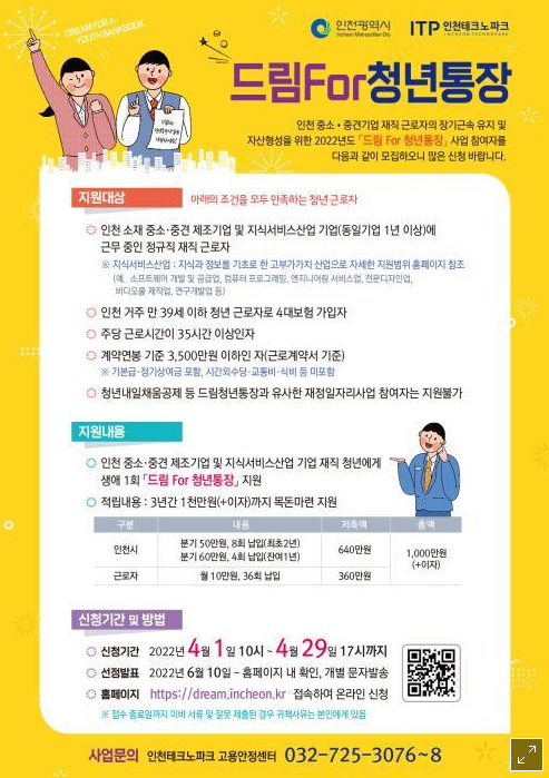  인천시 청년지원정책 청년지원금 드림for청년통장 신청방법 알아보기