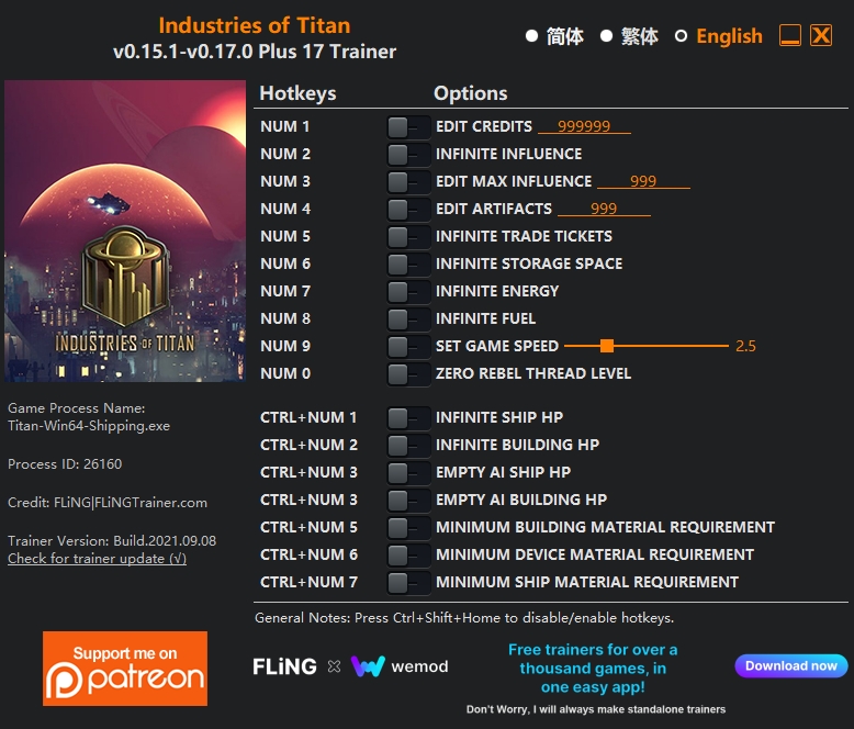  [트레이너] 한글판 인더스트리 오브 타이탄 최신 영문판 Industries of Titan v0.15.1-v0.17.0 Plus 17 Trainer