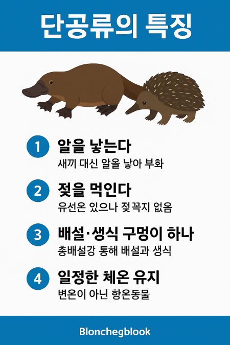 단공류의 특징 인포그래픽, 오리너구리와 바늘두더지 일러스트와 함께 알을 낳는다, 젖을 먹인다, 배설·생식 구멍이 하나, 일정한 체온 유지 4가지 주요 특징 설명.